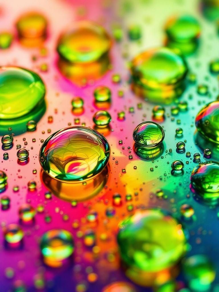 Abstract close-up view of water droplets on a surface.  Vibrant, saturated neon green and neon orange colors blend seaml...