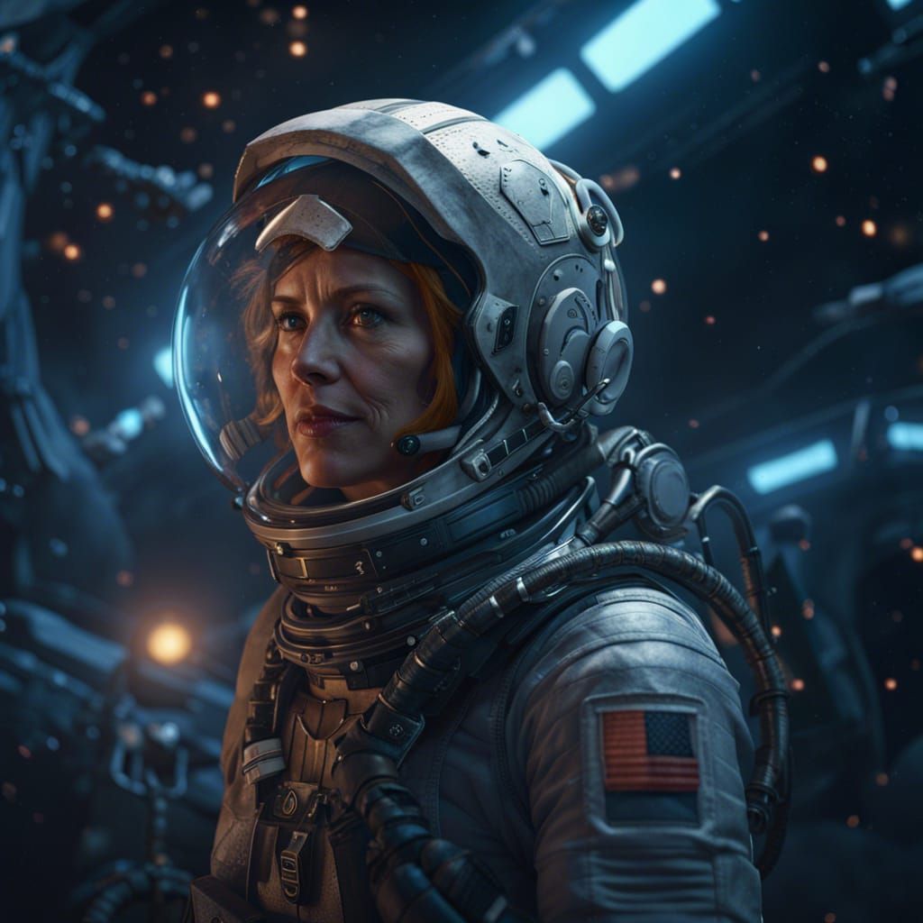 Middle-Aged Female Astronaut in Detailed Matte Painting