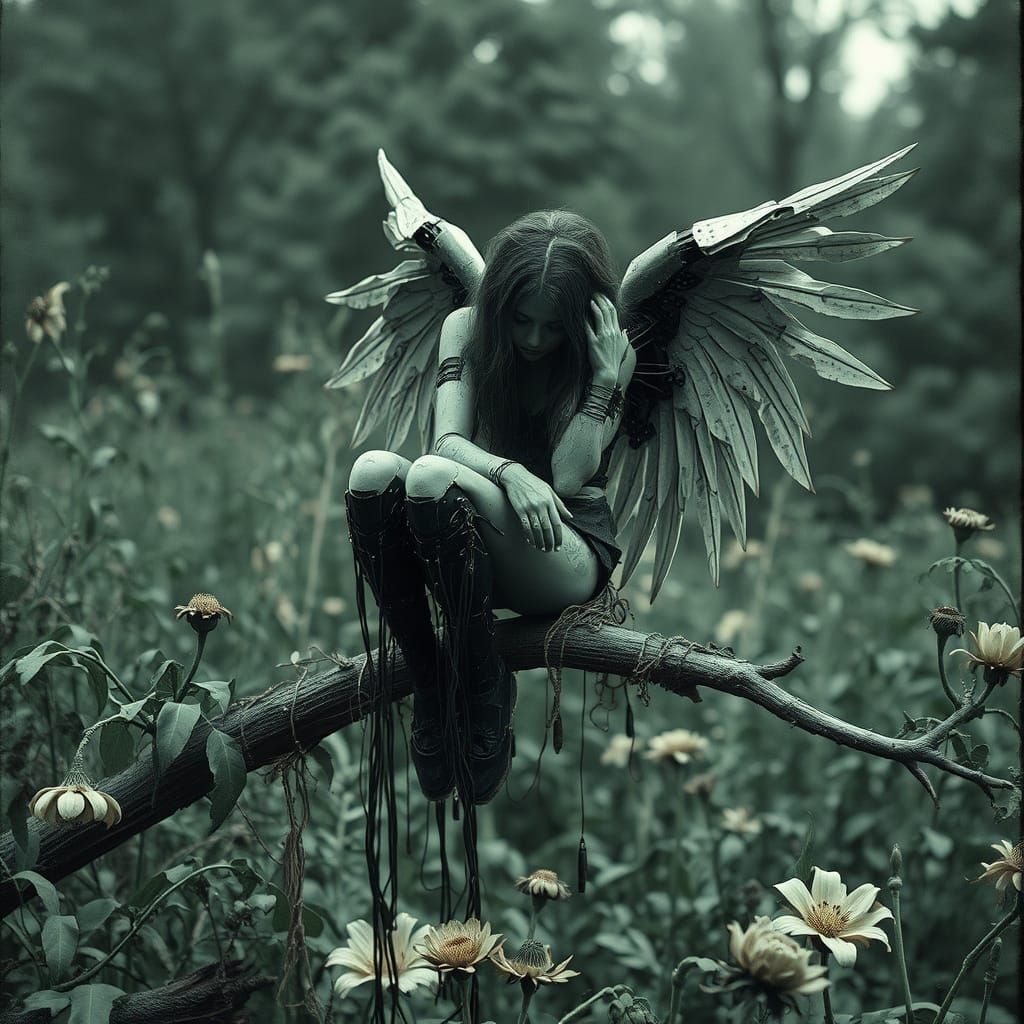 Cybernetic Archangel in Desolate Garden: Neo-Impressionist P...