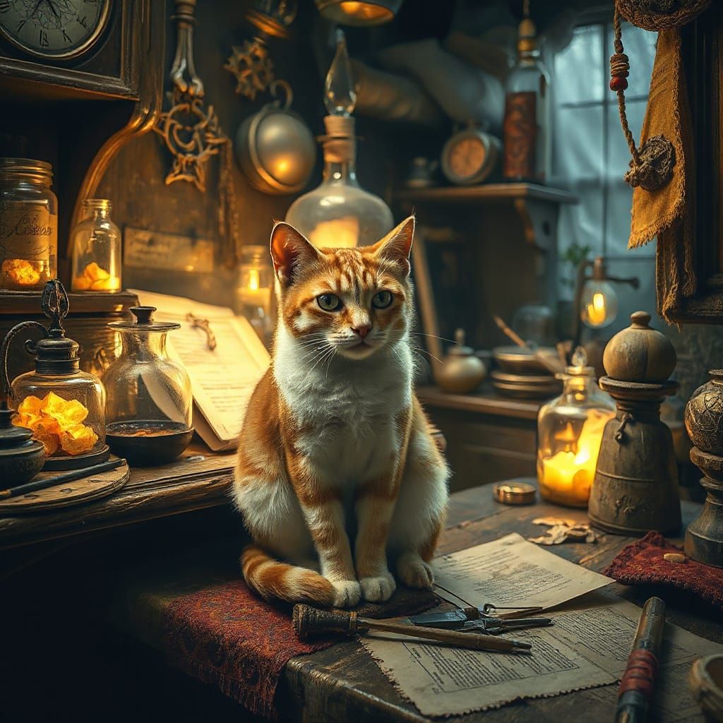 Mystical Alchemist's Cat in Golden Light