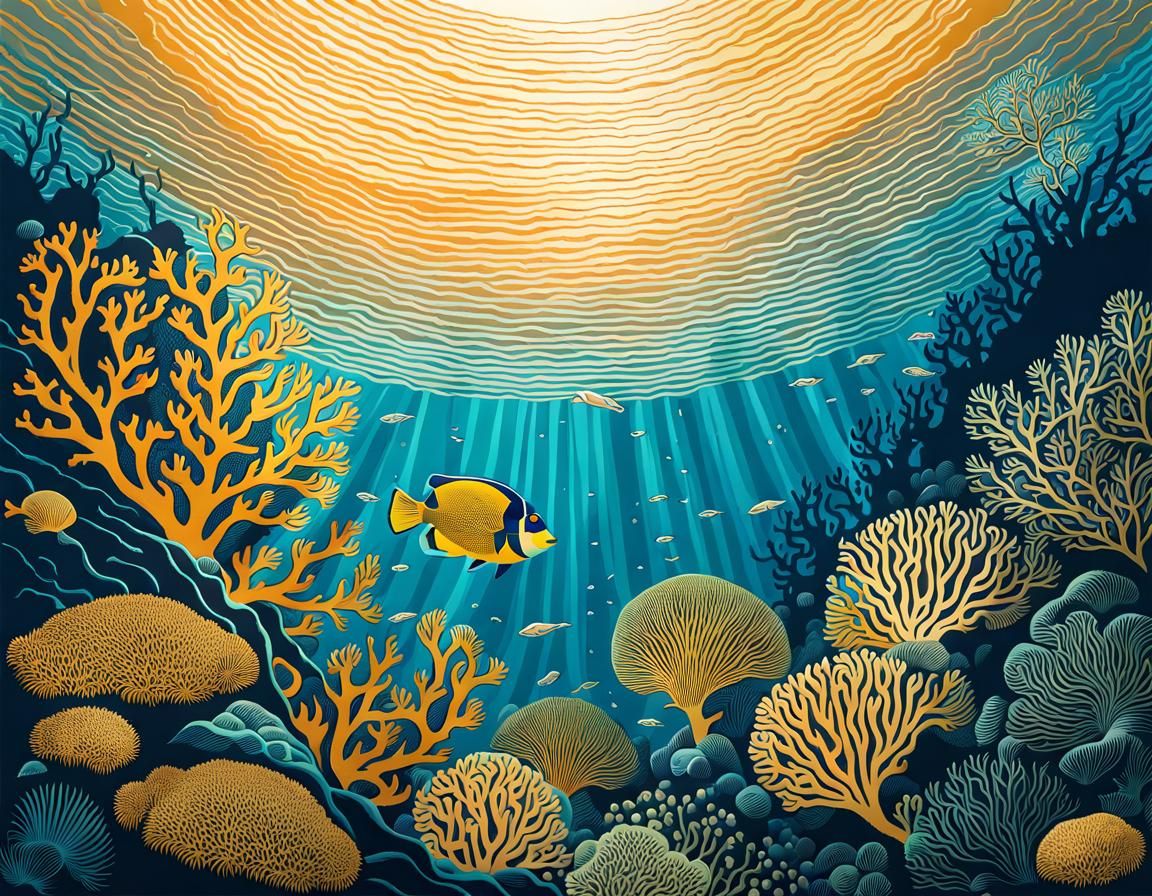 Intricate Coral Reef Linocut Illustration