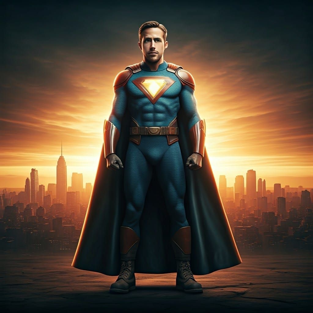 Ryan Gosling as Retro Superhero in Photorealistic Style