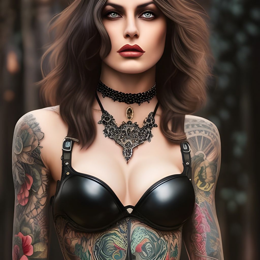 Brunette Girl Portrait with Tattoos in Hyperrealism