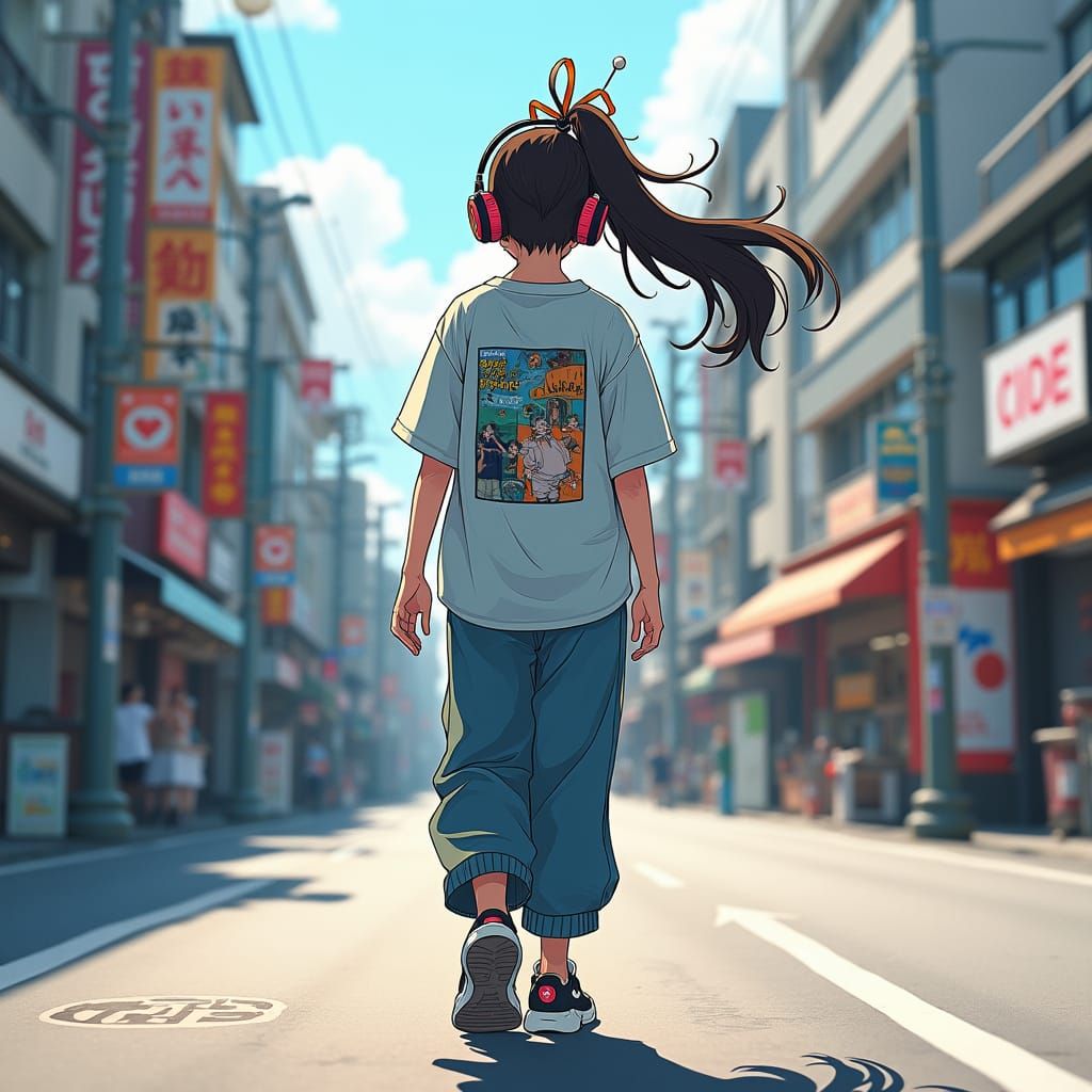 Girl in Tokyo Streetwear, Anime Watercolor Style