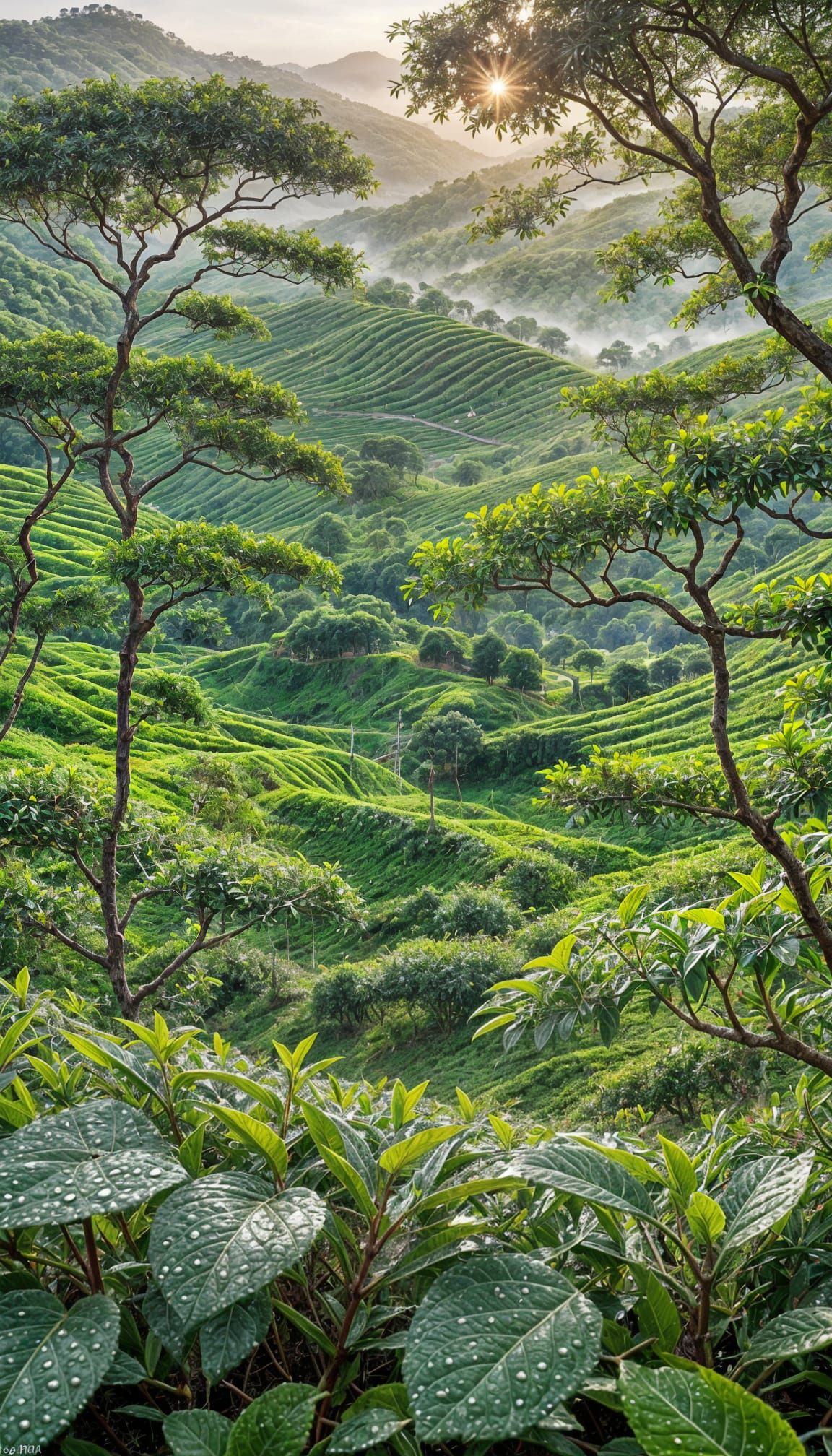 Lush Mountain Tea Plantations in Morning Light
