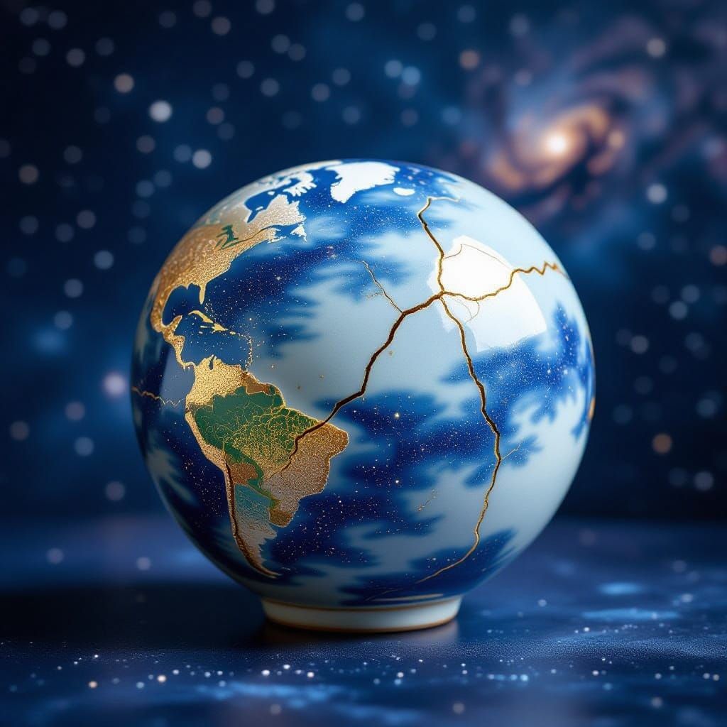 Repaired Ceramic Earth in Space with Kintsugi Seams