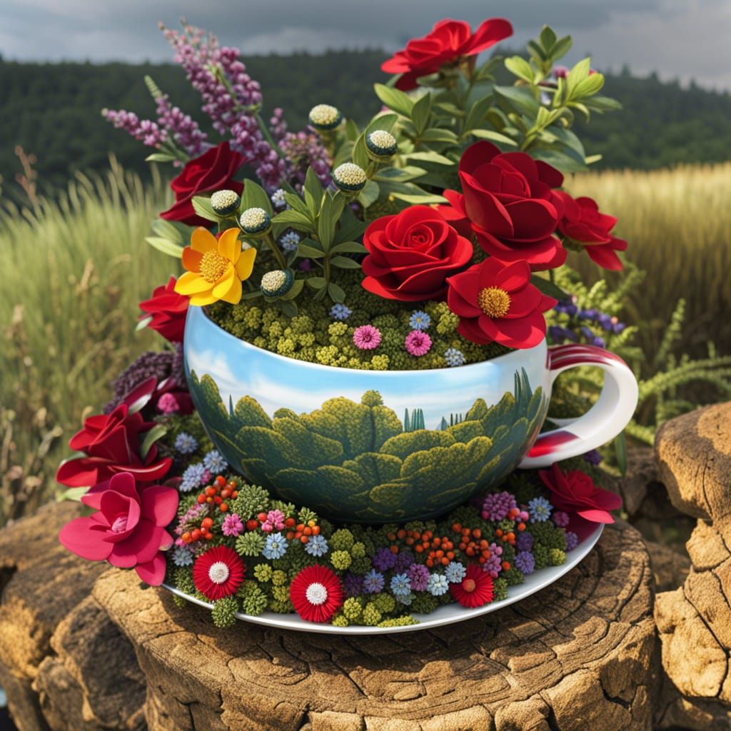 Giant Teacup Overflowing with Flowers, O'Keefe Style