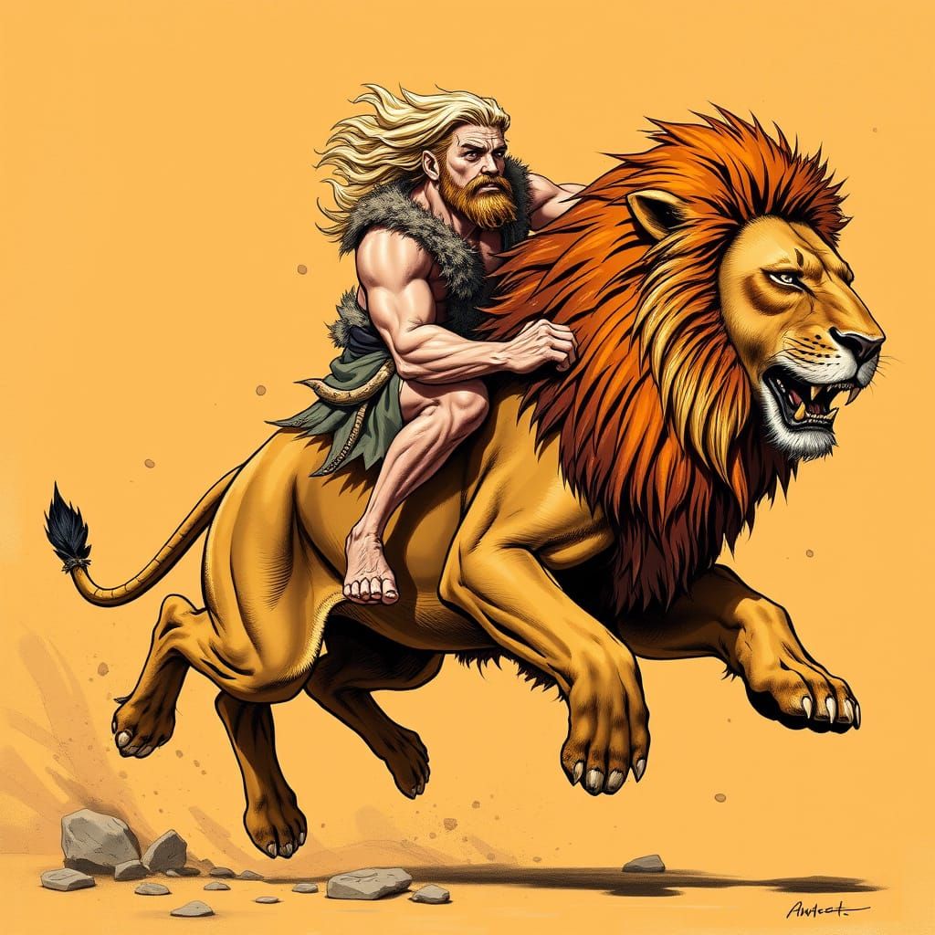 Caveman Rides Majestic Lion in Epic Comic Book Style