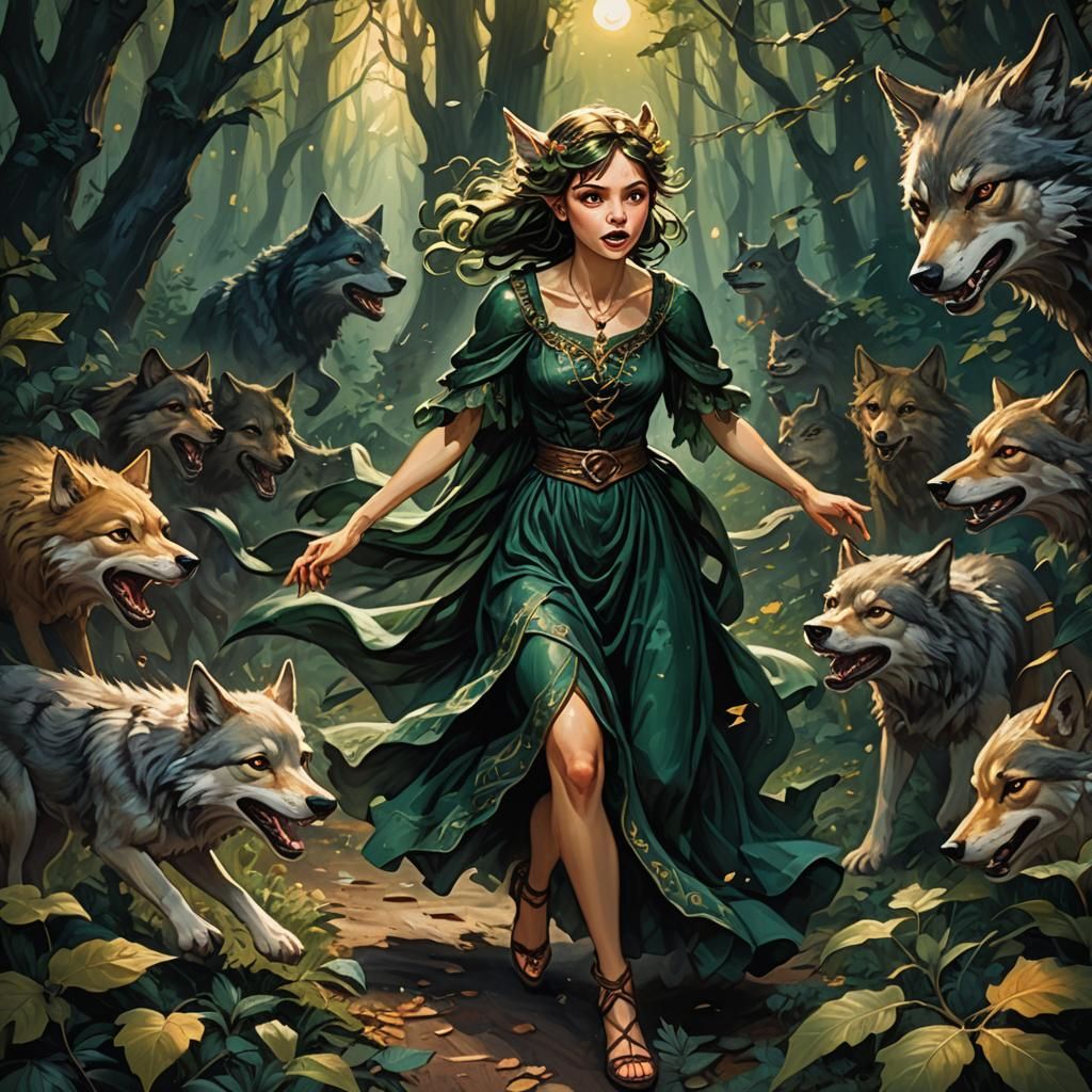 Pixie Pursued in Moonlit Forest, Oil Painting Style