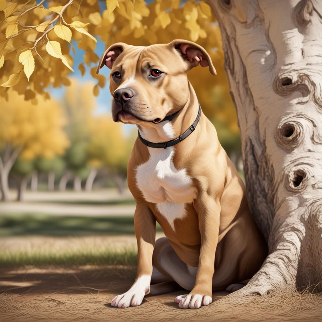 Tan Pit Bull Mix Dog Under Cottonwood Tree