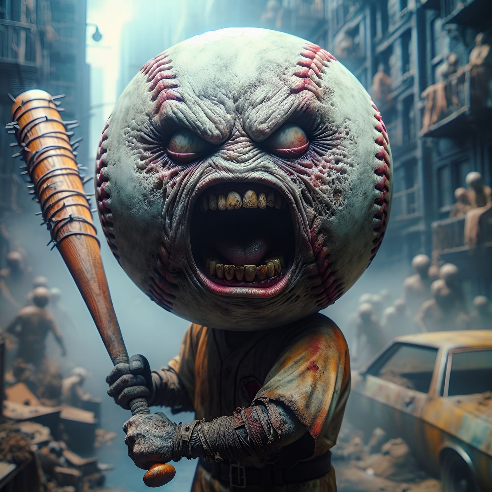 Baseball Humanoid in Dystopian City: Hyper-Realistic Analog ...
