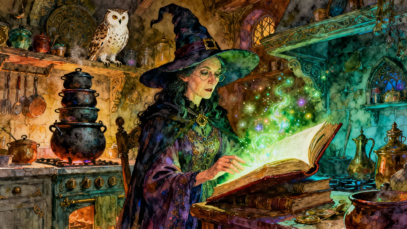 Witch Reading Magic Book in Detailed Kitchen, Digital Waterc...