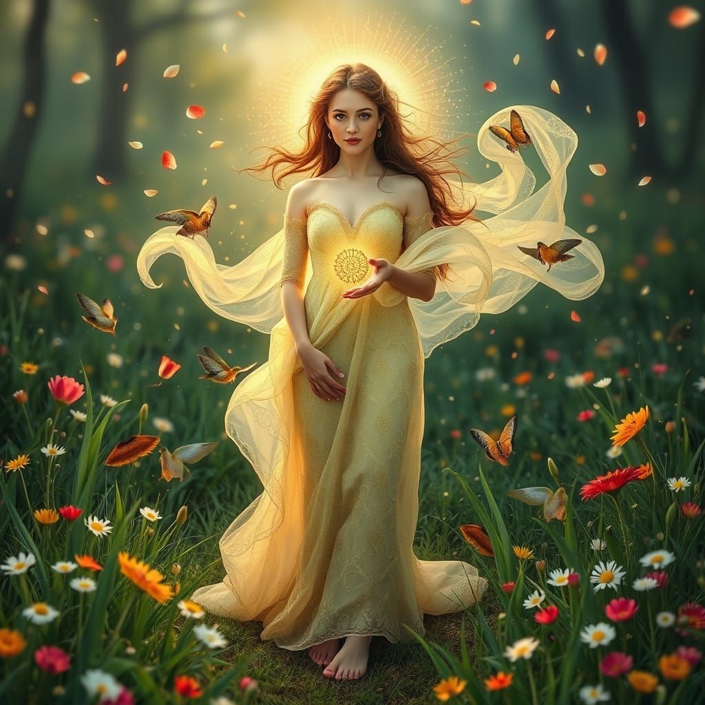 Ethereal Goddess Embracing Nature in Vibrant Opulence