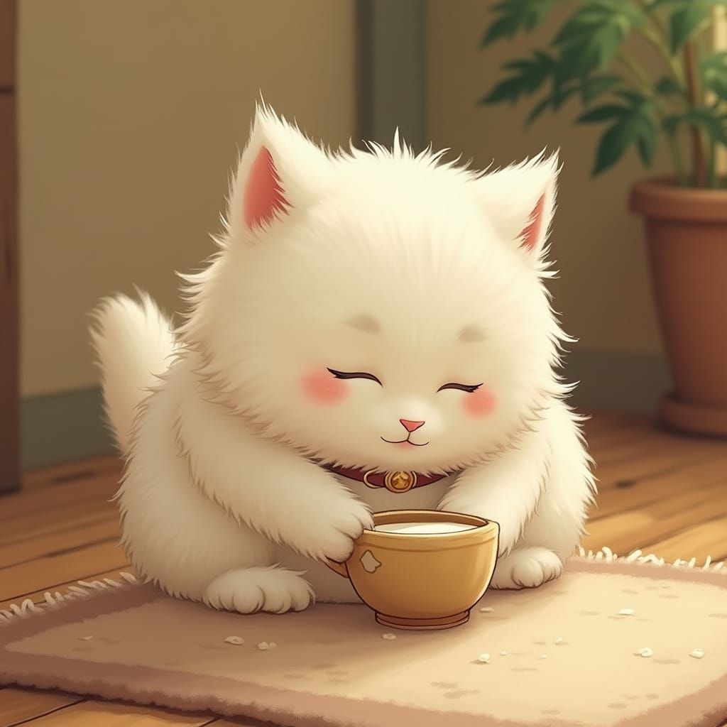 Cozy Whimsical Scene of a Peaceful White Cat Drinking Milk