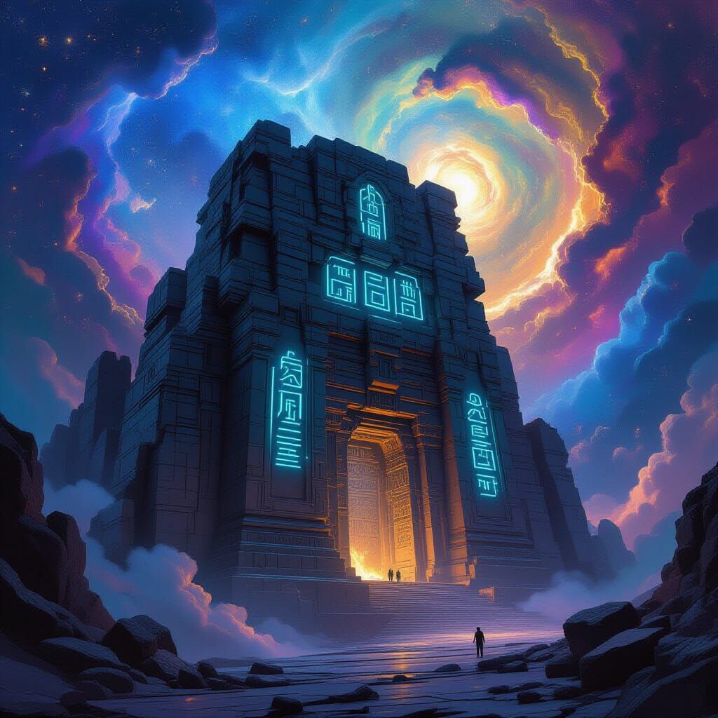 Ancient Obsidian Temple in Cosmic Nebula