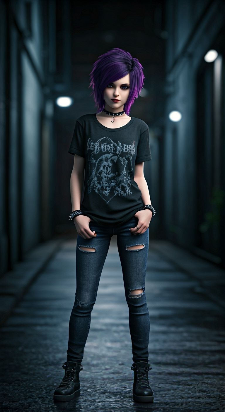 Emo Girl with Purple Hair in Moody Urban Alley