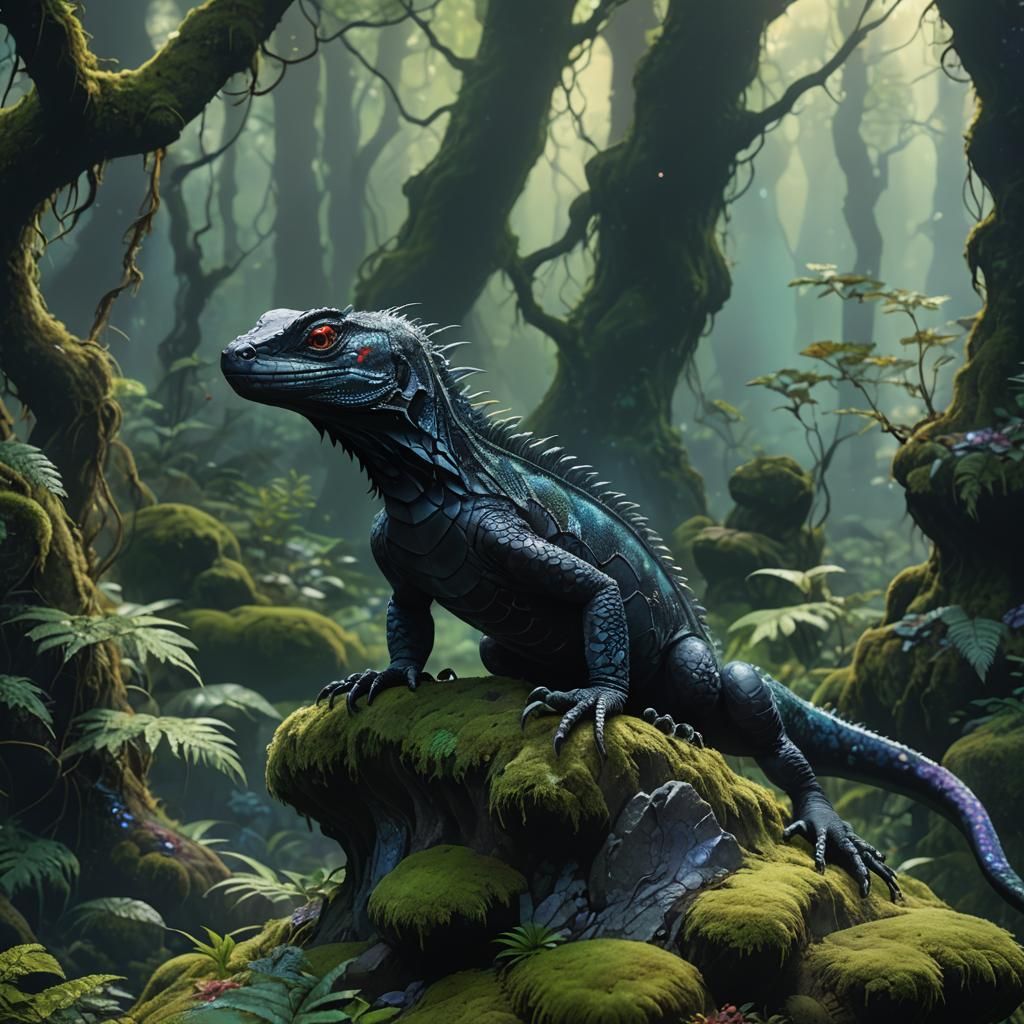 Black Lizard in Mystical Forest: Anime-Inspired 3D Art