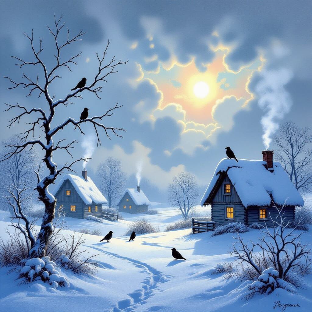 Surreal Autumn Landscape with Cottages and Energetic Sky