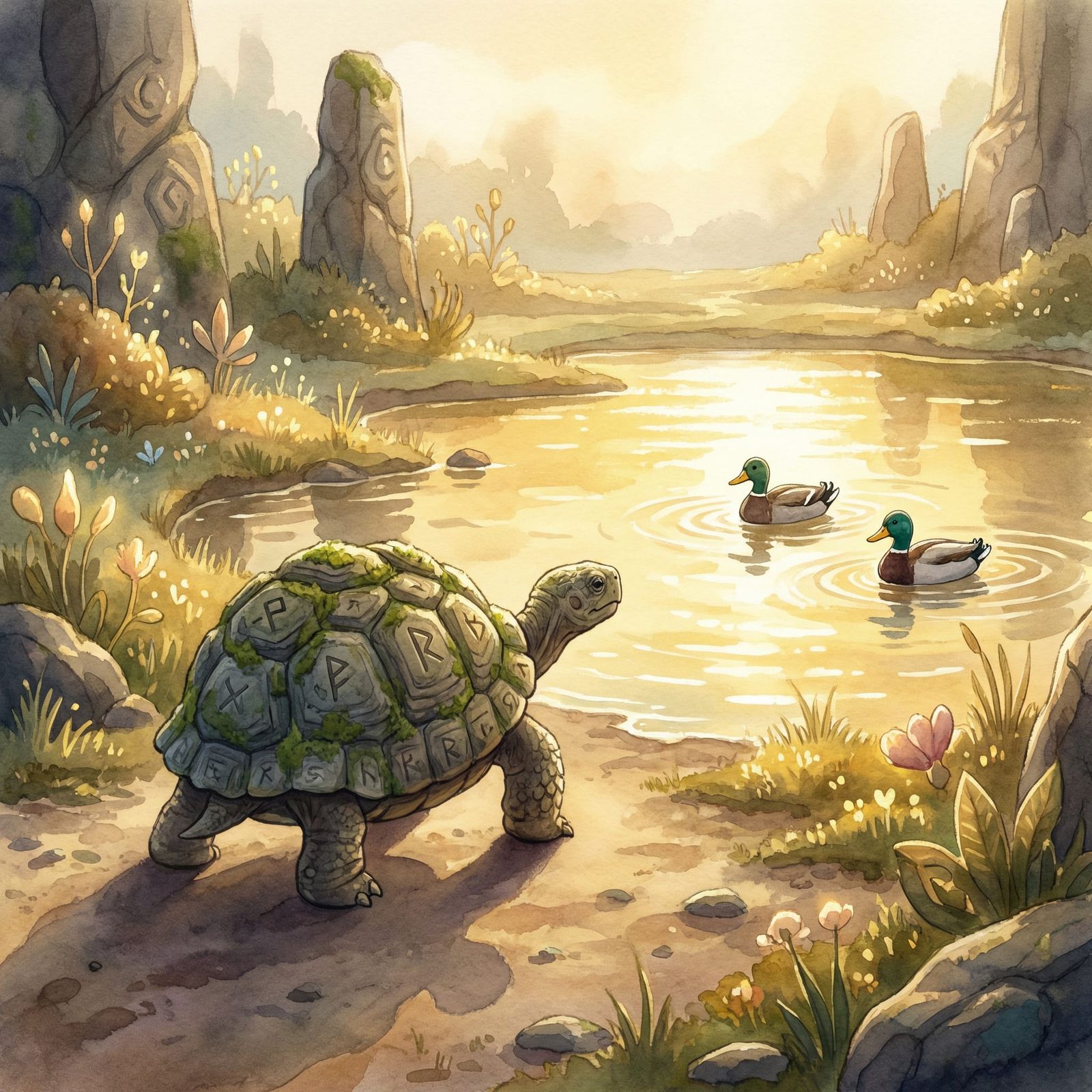 Wise Old Tortoise Approaches Sunlit Pond with Ducks
