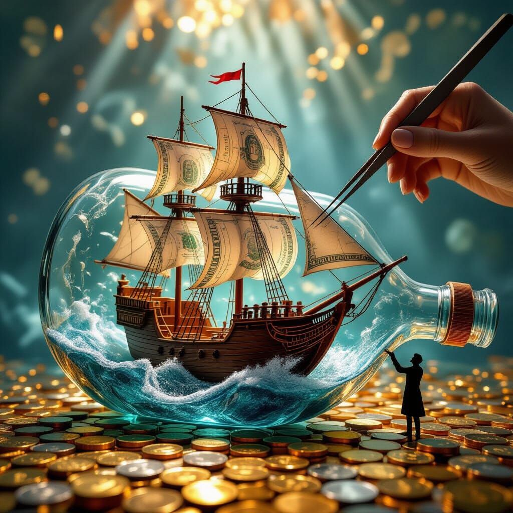 Paper Galleon in Crystal Bottle: A Surreal Masterpiece