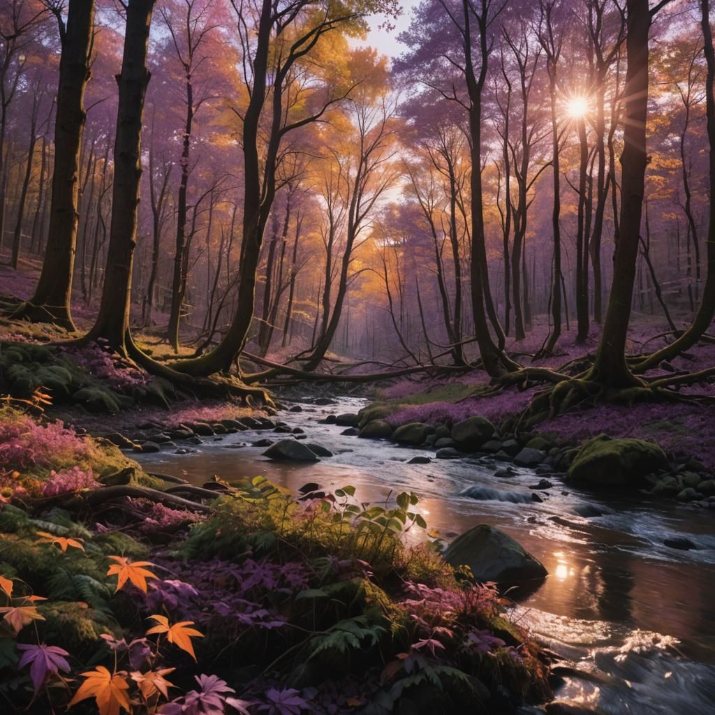 Vibrant Forest River at Sunset: A Cinematic Still