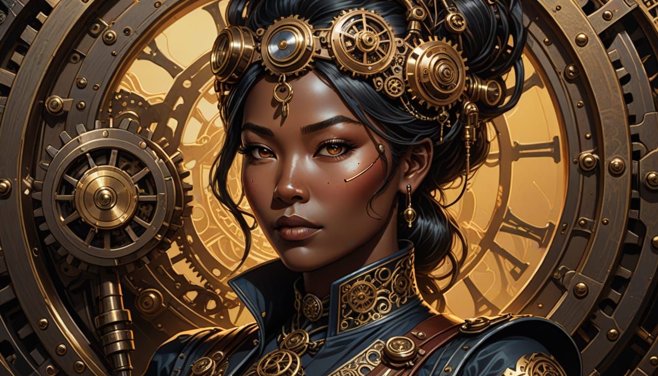Steampunk Woman Portrait with Brass Gears in Comic Art