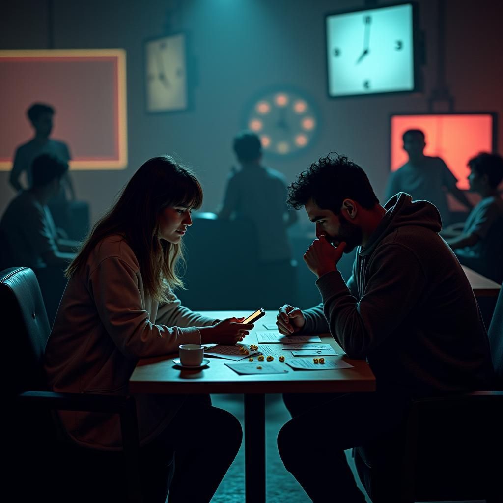 Intense Song Quiz in Futuristic, Dimly Lit Room