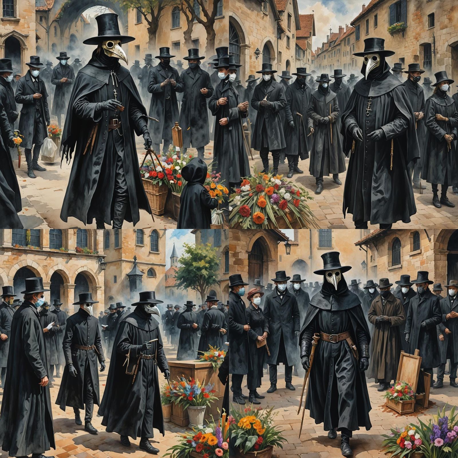 Plague Doctor Attends Funeral in Gouache Style