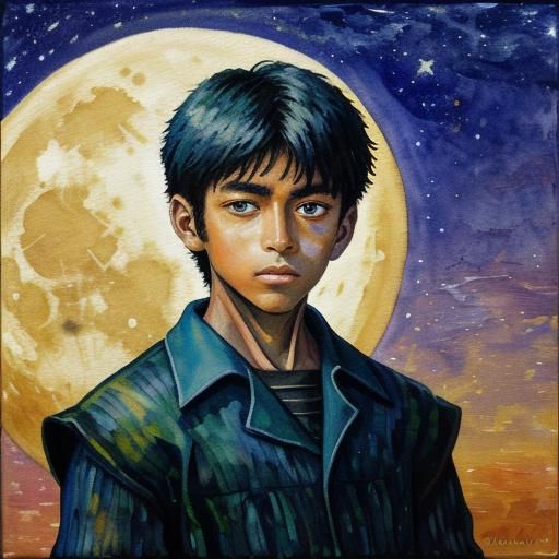 Boy Gazing at Moon in Watercolor Expressionist Style