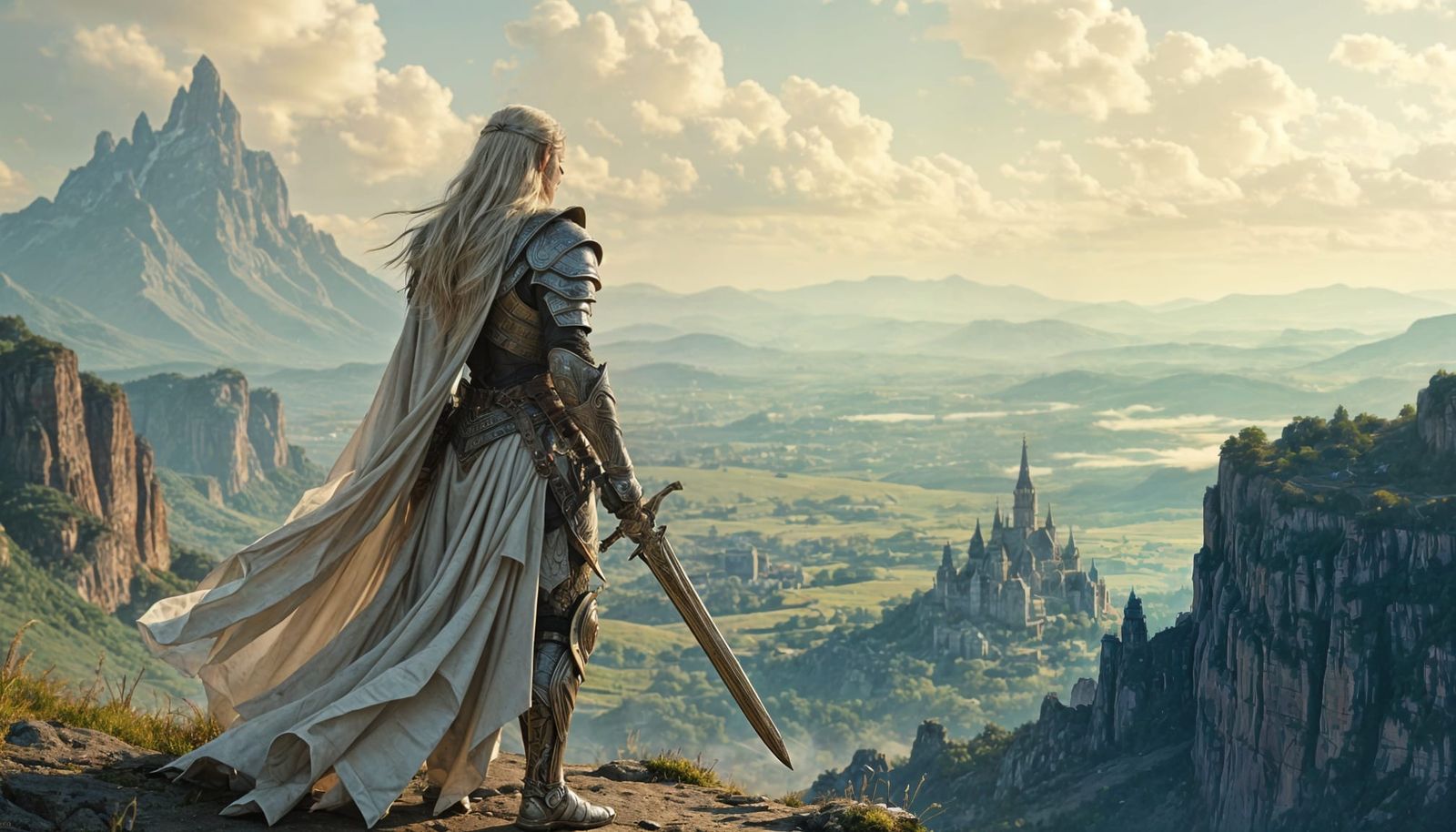 Elven Warrior in Paper Armor on Windswept Cliff