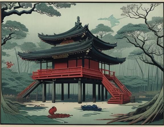 Flower Bud Building in Mangrove Swamp, Ukiyo-e Style