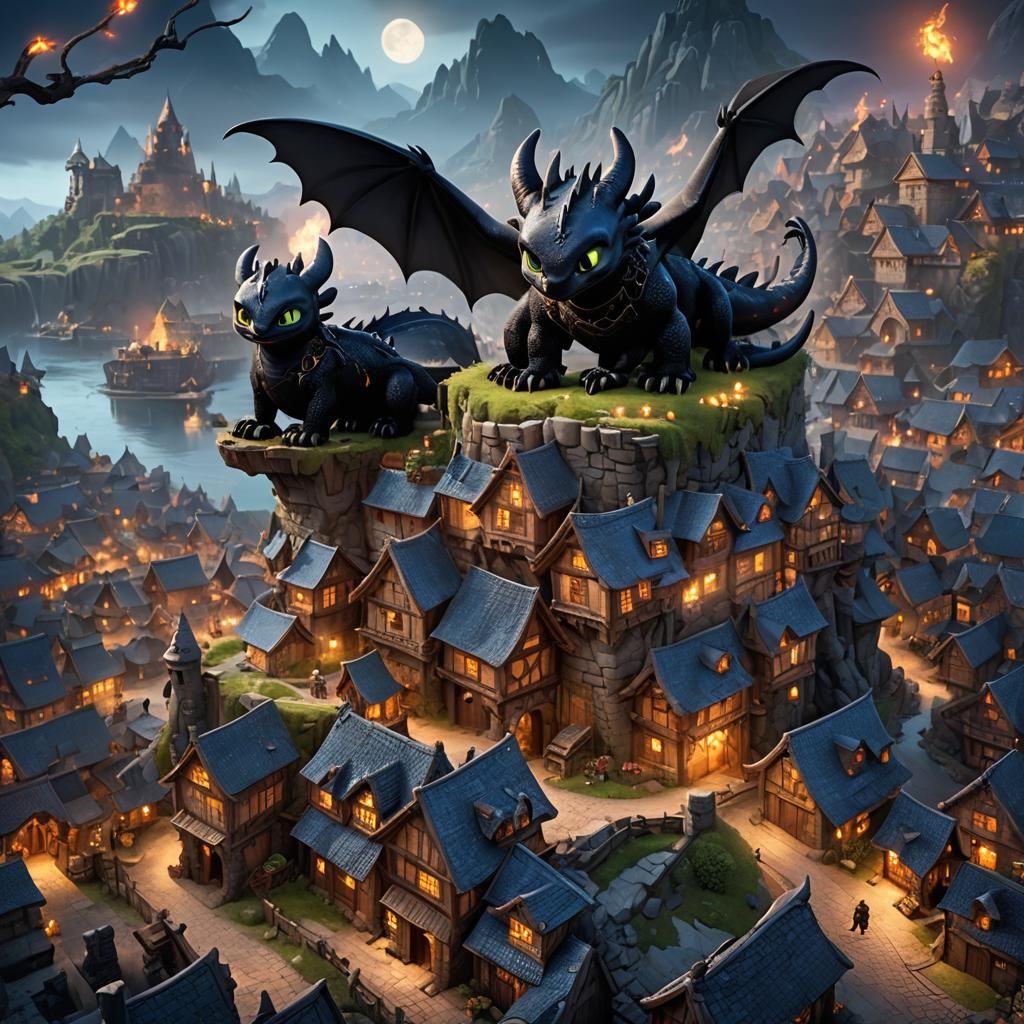 Night Fury Dragon Helps Vikings: Fantasy Art