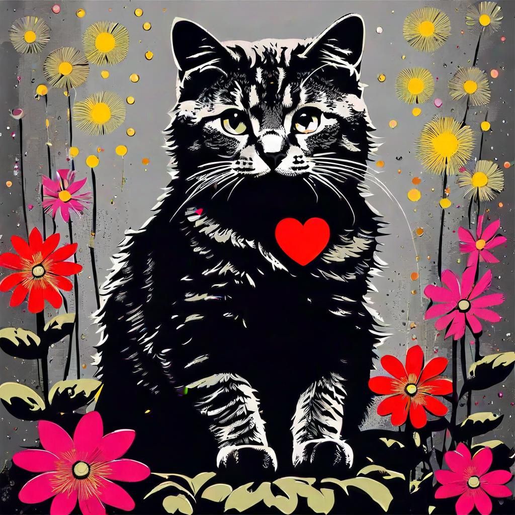 Banksy Style: Cute Cat with Flowers and Hearts