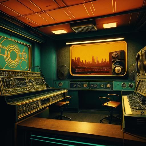 Retro Recording Studio with Vintage Mics and Soundwaves