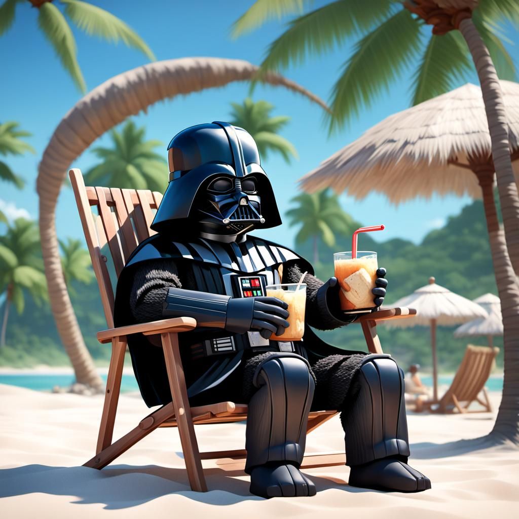 Teddy Bear Darth Vader on Beach in Anime Style