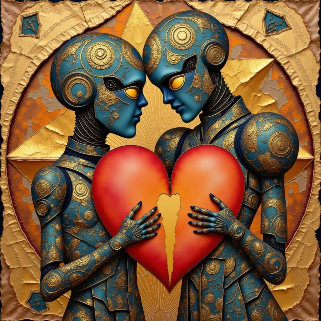 Robot Embraces Heart in Art Nouveau Style