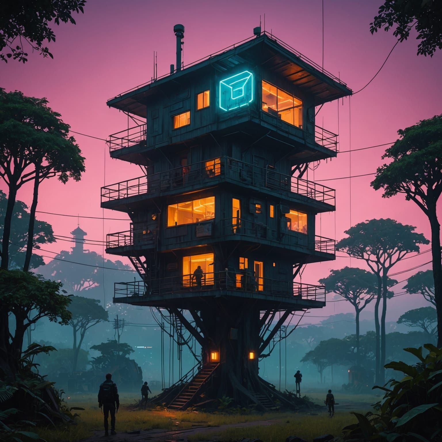 Cyberpunk Treehouse in Amazon Rainforest
