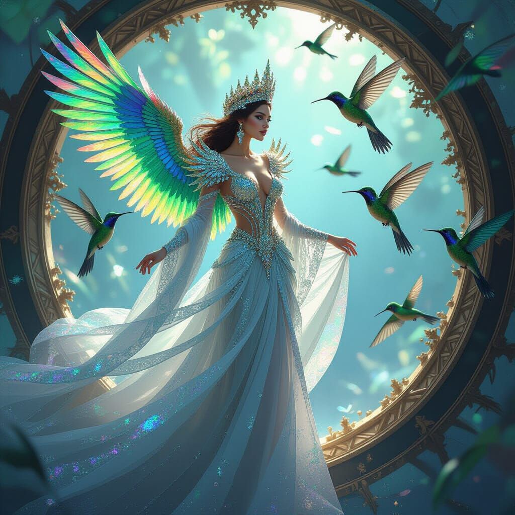 Iridescent Queen Breaks Through Portal in Ethereal Style