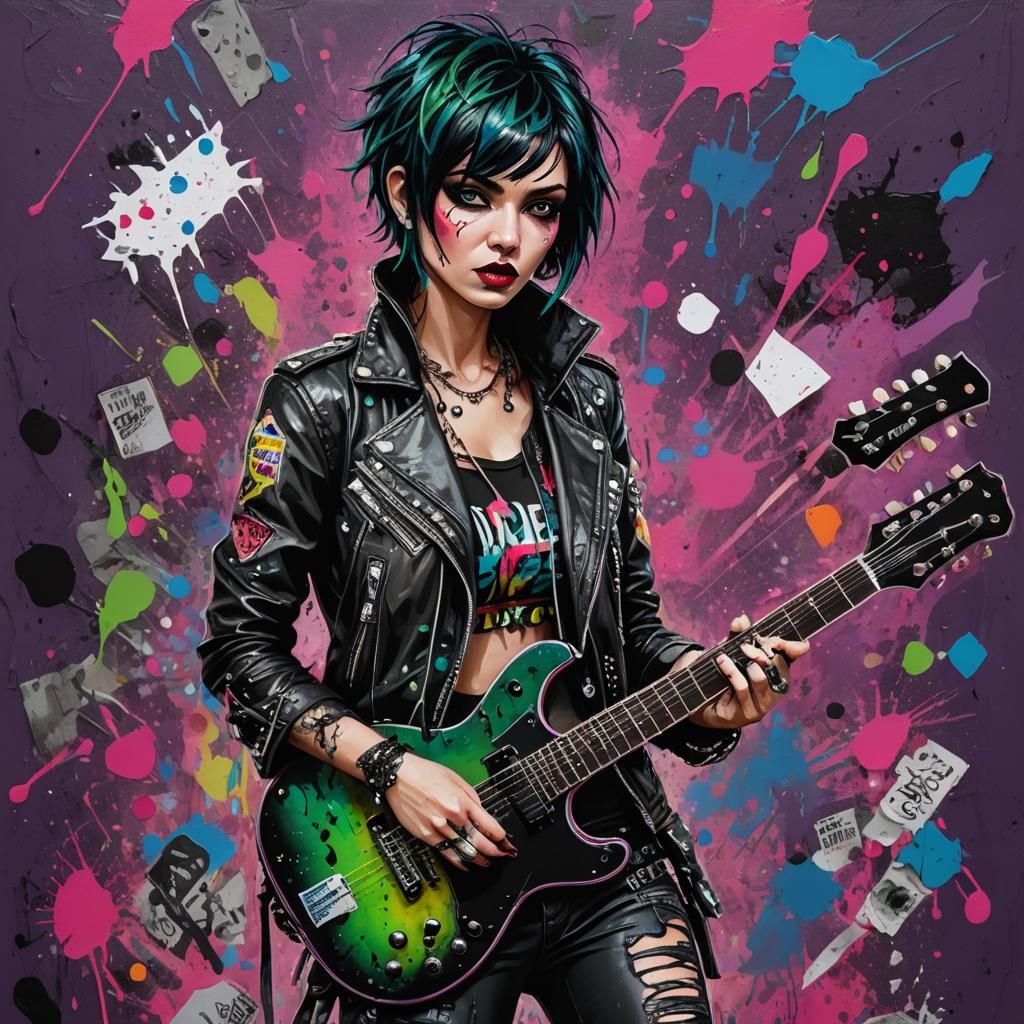 Punk Rock Woman with Guitar in Cyberpunk Style