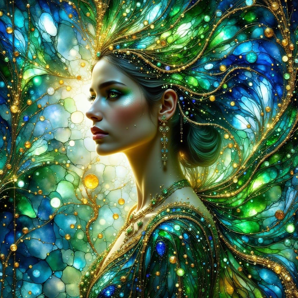 Whimsical Fantasy Princess in Shimmering Stained Glass Robe