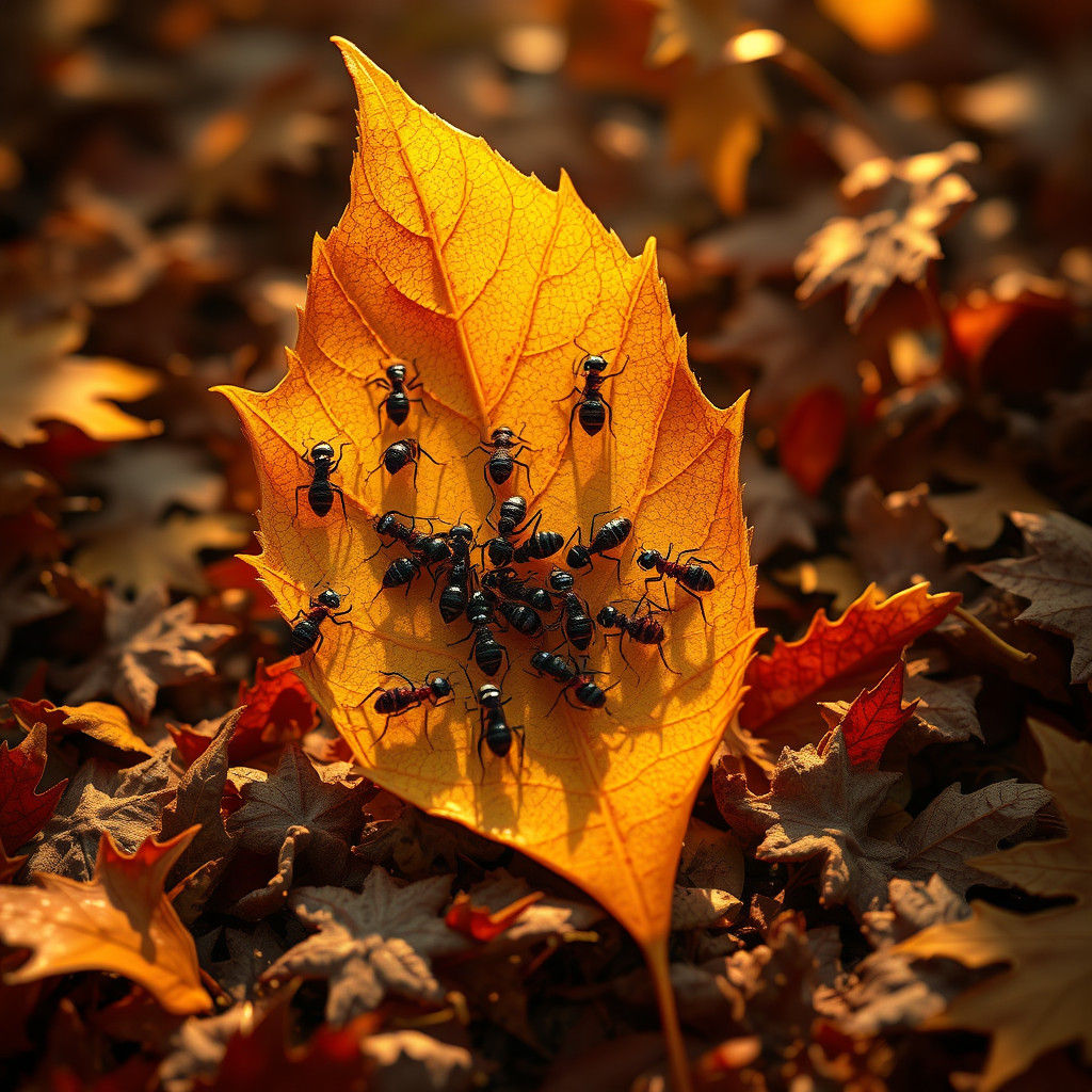Ants Feast on Autumn Leaf: Hyperrealistic Matte Painting