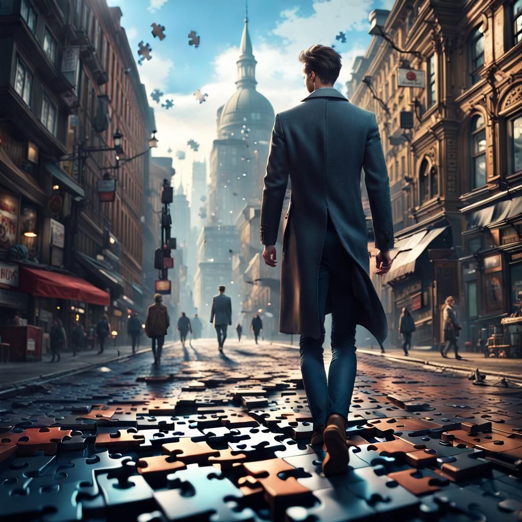 Puzzle Man Walking Through City, Digital Art
