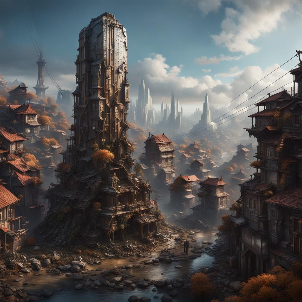 Skyscraper Metallic Statue Overlooks Village: Fantasy Concep...