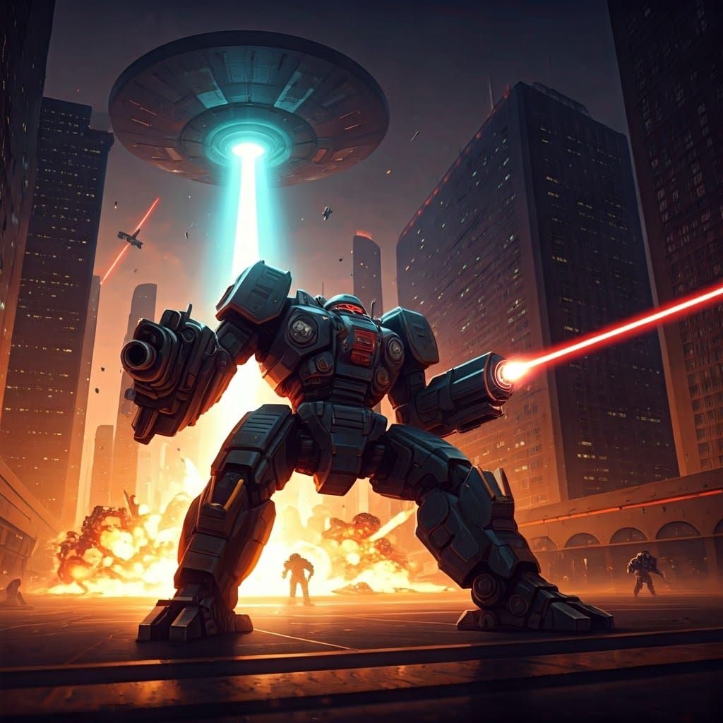 Mech Warrior Battles UFO in Futuristic Cityscape