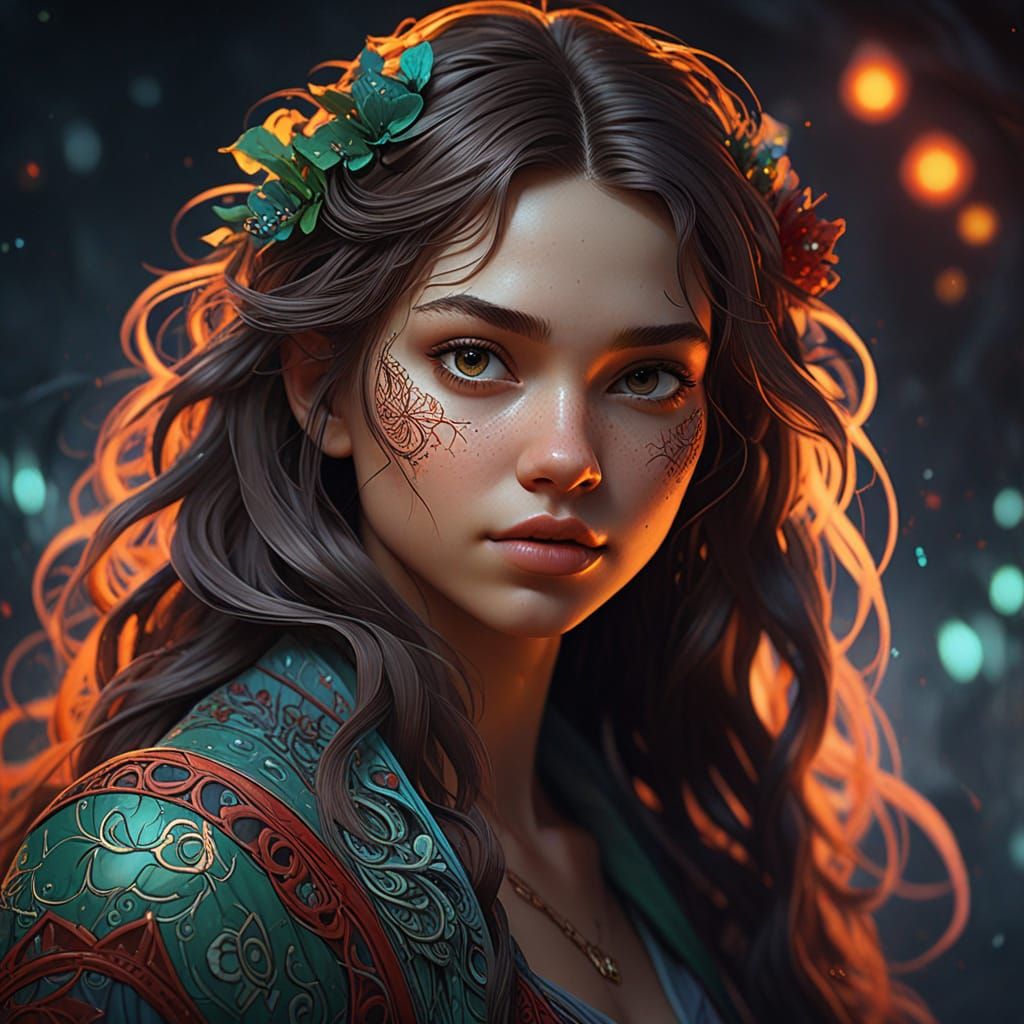 Mystical Dark Fantasy Portrait in Vibrant Ink Wash Style