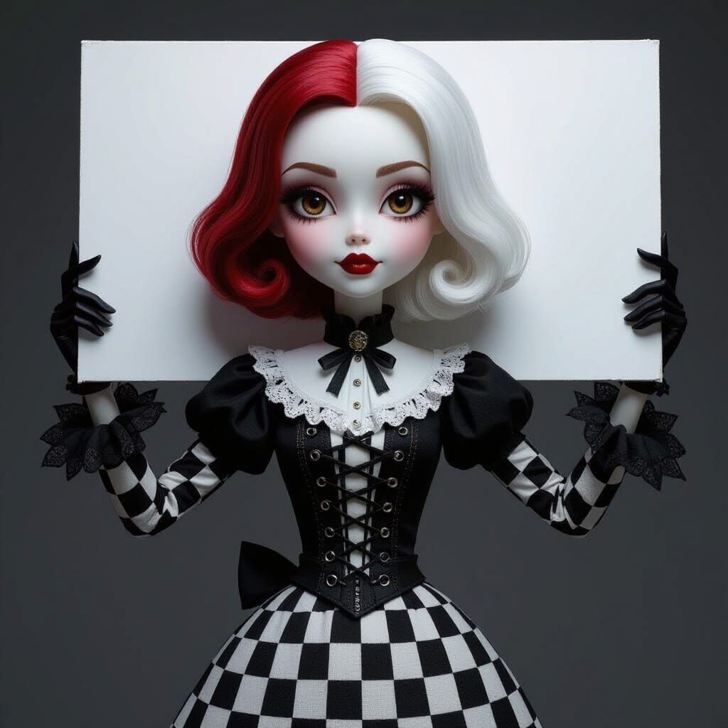 Gothic Animated Doll with Split Hair Presents White Poster