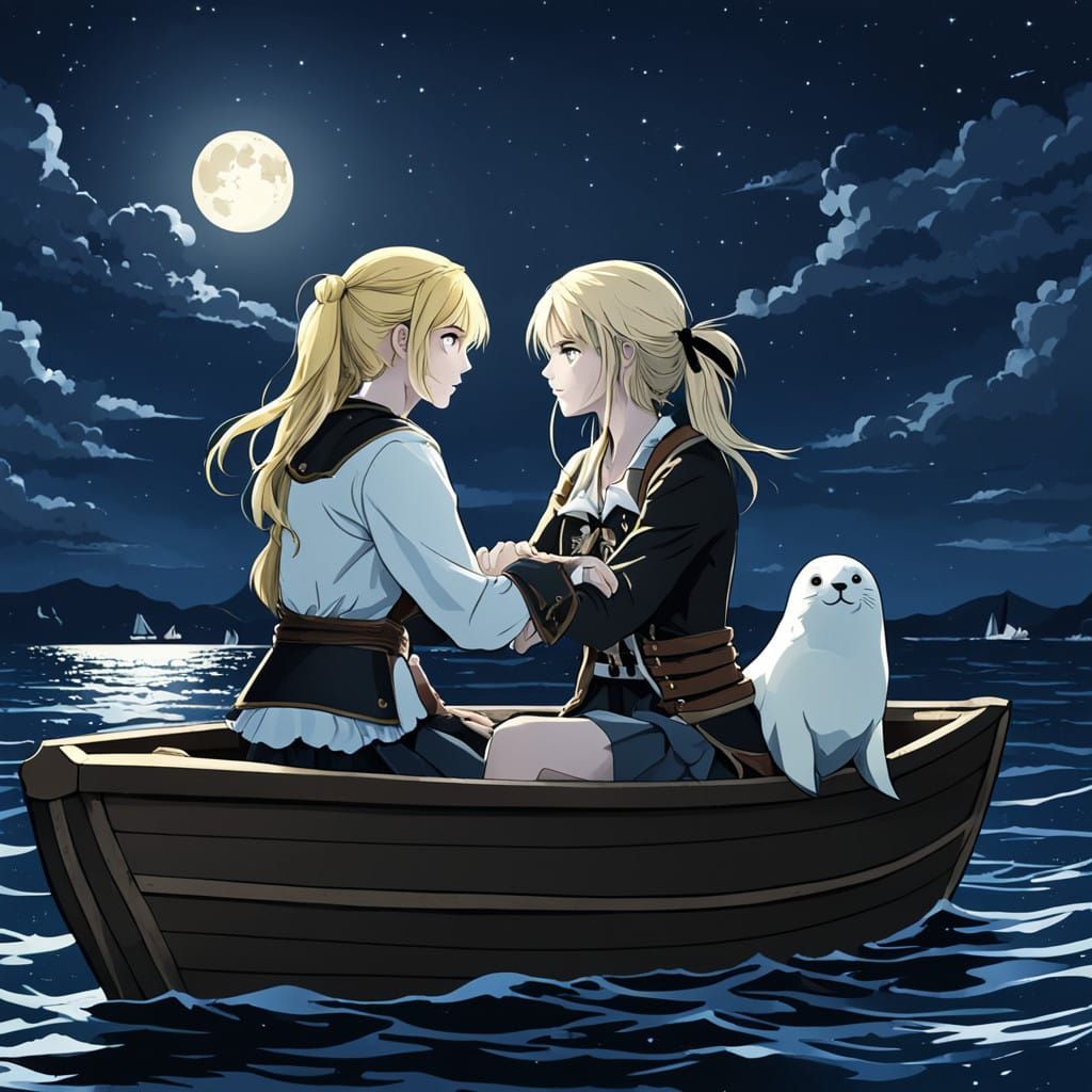 Blonde Pirate and Seal-Tailed Maiden Embrace Under Full Moon