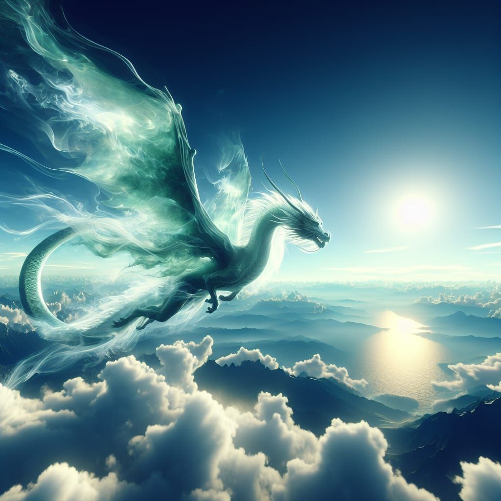Ethereal Green Dragon Soaring in Daylight
