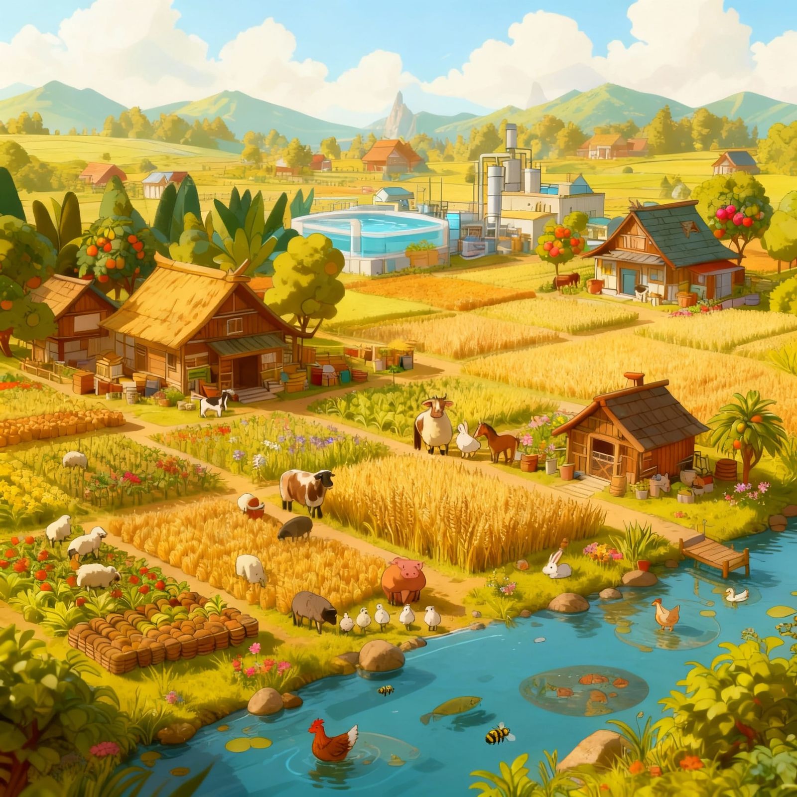 Diverse Farm with Animals and Aquatic Areas in 3D Anime Styl...