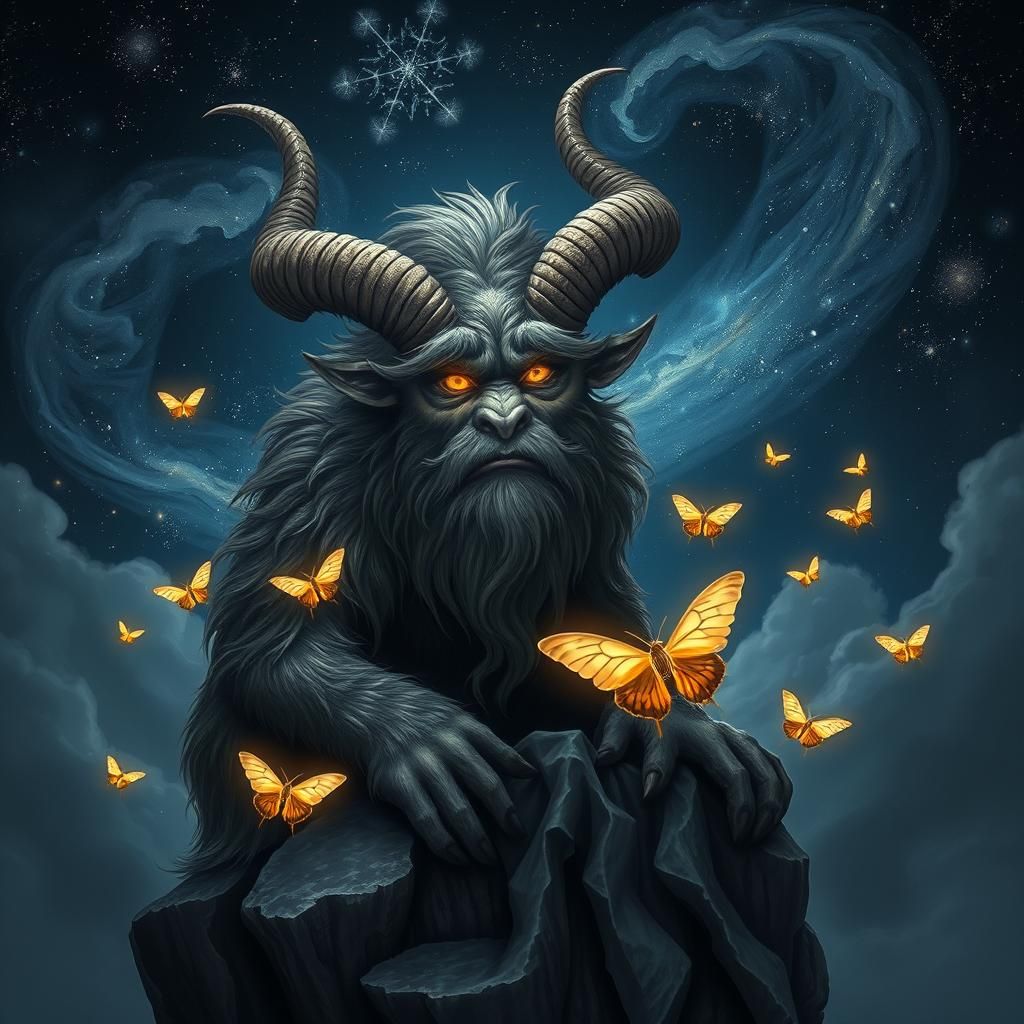 A dark, atmospheric scene featuring a mythical creature with...